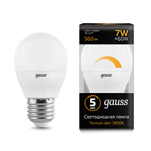 Gauss Лампа Шар 7W 560lm 3000К Е27 диммируемая LED 105102107-D