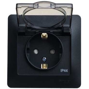 Купить Systeme Electric Glossa Антрацит Розетка с/з со шторками с крышкой, 16А, IP44 (в сборе)