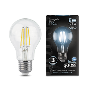 Gauss Лампа Filament А60 8W 780lm 4100К Е27 LED 102802208