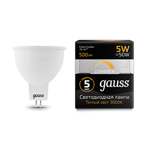 Gauss Лампа MR16 5W 500lm 3000K GU5.3 диммируемая LED 101505105-D