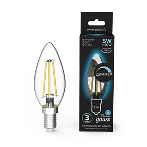 Gauss Лампа Filament Свеча 5W 450lm 4100К Е14 диммируемая LED 103801205-D