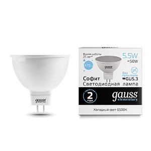 Gauss Лампа Elementary MR16 5.5W 470lm 6500К GU5.3 LED 13536