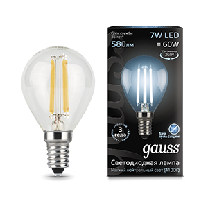 Gauss Лампа Filament Шар 7W 580lm 4100К Е14 LED 105801207
