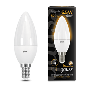 Gauss Лампа Свеча 6.5W 520lm 3000К E14 LED 103101107