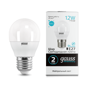 Gauss Лампа Elementary Шар 12W 920lm 4100K Е27 LED 53222