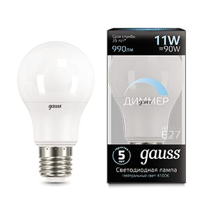 Gauss Лампа A60 11W 990lm 4100К E27 диммируемая LED 102502211-D
