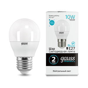 Gauss Лампа Elementary Шар 10W 730lm 4100K Е27 LED 53220