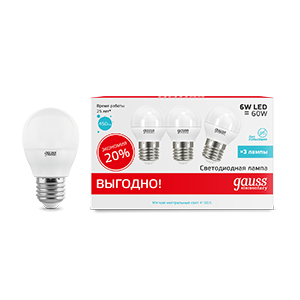 Gauss Лампа Elementary Шар 6W 4100K E27 (3 лампы в упаковке) LED 1/40 53226T