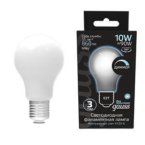 Gauss Лампа Filament А60 10W 860lm 4100К Е27 milky диммируемая LED 102202210-D