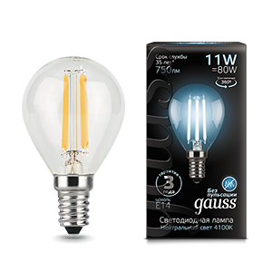 Gauss Лампа Filament Шар 11W 750lm 4100К Е14 LED 105801211