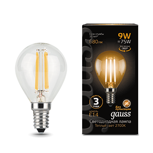 Gauss Лампа Filament Шар 9W 680lm 2700К Е14 LED 105801109