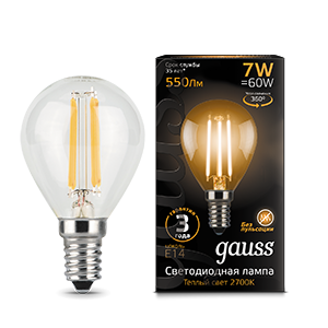 Gauss Лампа Filament Шар 7W 550lm 2700К Е14 LED 105801107