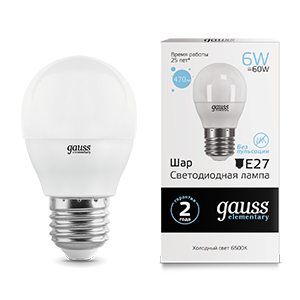 Gauss Лампа Elementary Шар 6W 470lm 6500K Е27 LED 53236