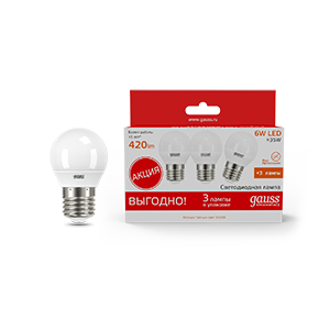 Gauss Лампа Elementary Шар 6W 3000K E27 (3 лампы в упаковке) LED 1/40 53216T