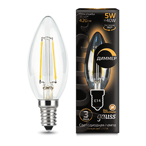 Gauss Лампа Filament Свеча 5W 420lm 2700К Е14 диммируемая LED 103801105-D