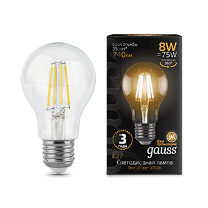 Gauss Лампа Filament А60 8W 740lm 2700К Е27 LED 102802108