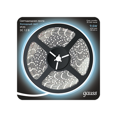 Gauss Лента LED 2835/120-SMD 9.6W 12V DC холодный белый (блистер 5м) 312000310