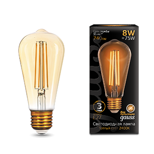Gauss Лампа Filament ST64 8W 740lm 2400К Е27 golden LED 157802008