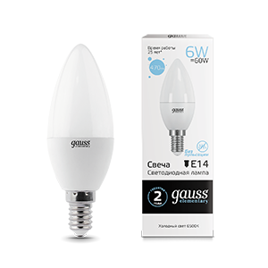 Gauss Лампа Elementary Свеча 6W 470lm 6500K Е14 LED 33136