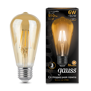 Gauss Лампа Filament ST64 6W 550lm 2400К E27 golden LED 102802006