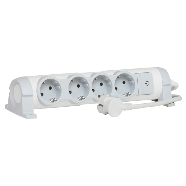 Legrand Комфорт Бело-серый Удлинитель 4x2К+З с выкл., кабель 1,5м, фиксир. поворотный блок, возможно крепление к стене 694626