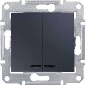 Купить SE Sedna Графит Выключатель 2-клавишный с подсветкой 10A, 250В (cx.5а) SDN0300370