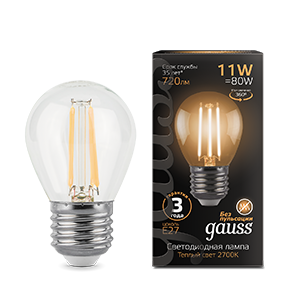 Gauss Лампа Filament Шар 11W 810lm 2700К Е27 LED 105802111