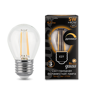 Gauss Лампа Filament Шар 5W 420lm 2700К Е27 диммируемая LED 105802105-D