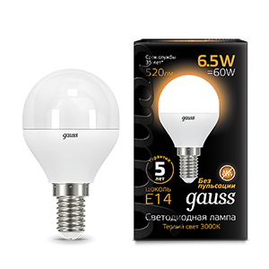 Gauss Лампа Шар 6.5W 520lm 3000K E14 LED 105101107