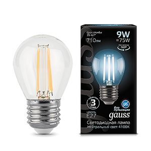 Gauss Лампа Filament Шар 9W 710lm 4100К Е27 LED 105802209