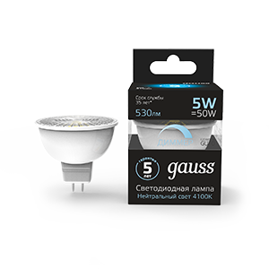 Gauss Лампа MR16 5W 530lm 4100K GU10 диммируемая LED 101506205-D