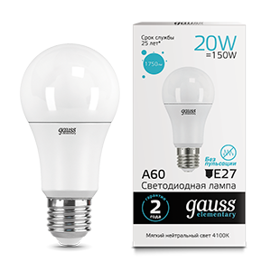 Gauss Лампа Elementary A60 20W 1600lm 4100K E27 LED 23229