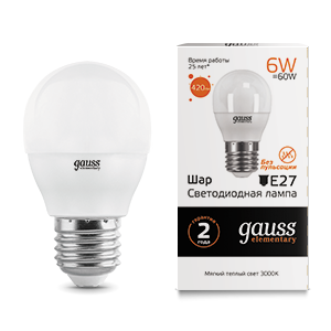 Gauss Лампа Elementary Шар 6W 420lm 3000K Е27 LED 53216