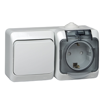 Купить Systeme Electric Этюд наруж Серый Блок Переключатель 1-клавишный + розетка с/з со шторками IP44