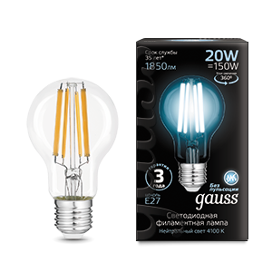 Gauss Лампа Filament А60 20W 1850lm 4100К Е27 LED 102902220
