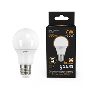 Gauss Лампа A60 7W 680lm 3000K E27 LED 102502107