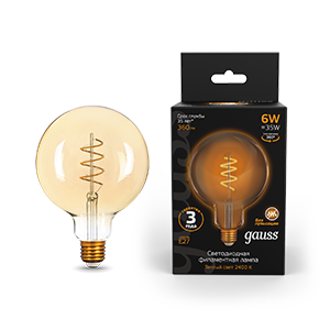 Gauss Лампа Filament G125 6W 360lm 2400К Е27 golden flexible LED 158802008