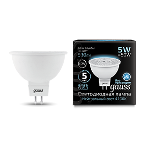 Gauss Лампа MR16 12V 5W 530lm 4100K GU5.3 LED 201505205