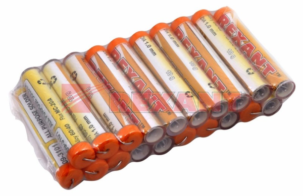 Купить Припой с канифолью 10 гр.d=1.0 мм (Sn60 Pb40 Flux 2.2%) Rexant 09-3101