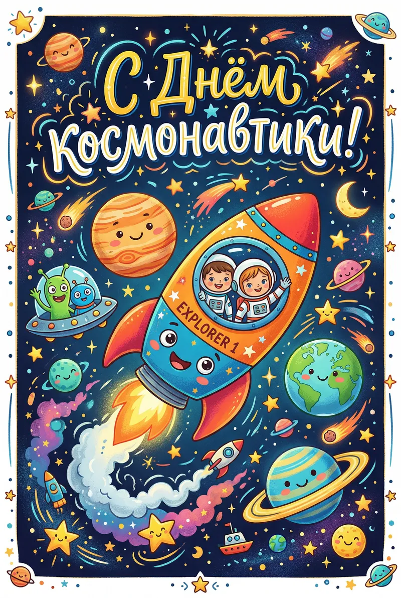 Готовые открытки ко Дню космонавтики — открытка 5