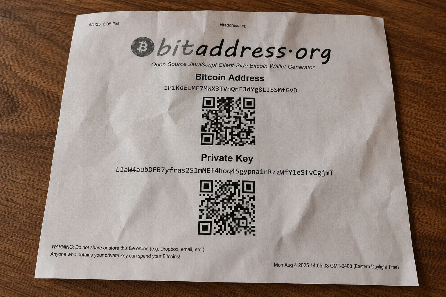 A printout from bitaddress.org, showing a Bitcoin Address and a Private Key. Th…