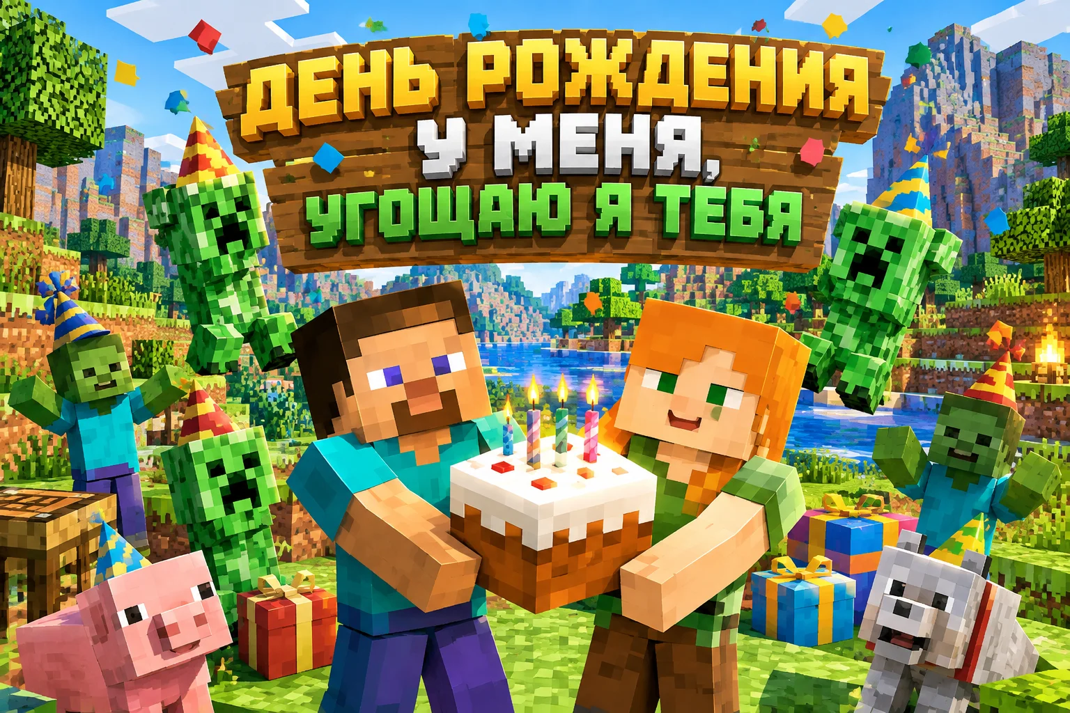 Открытка день рождения в стиле Minecraft. На открытке изображены Стив и Алекс, …