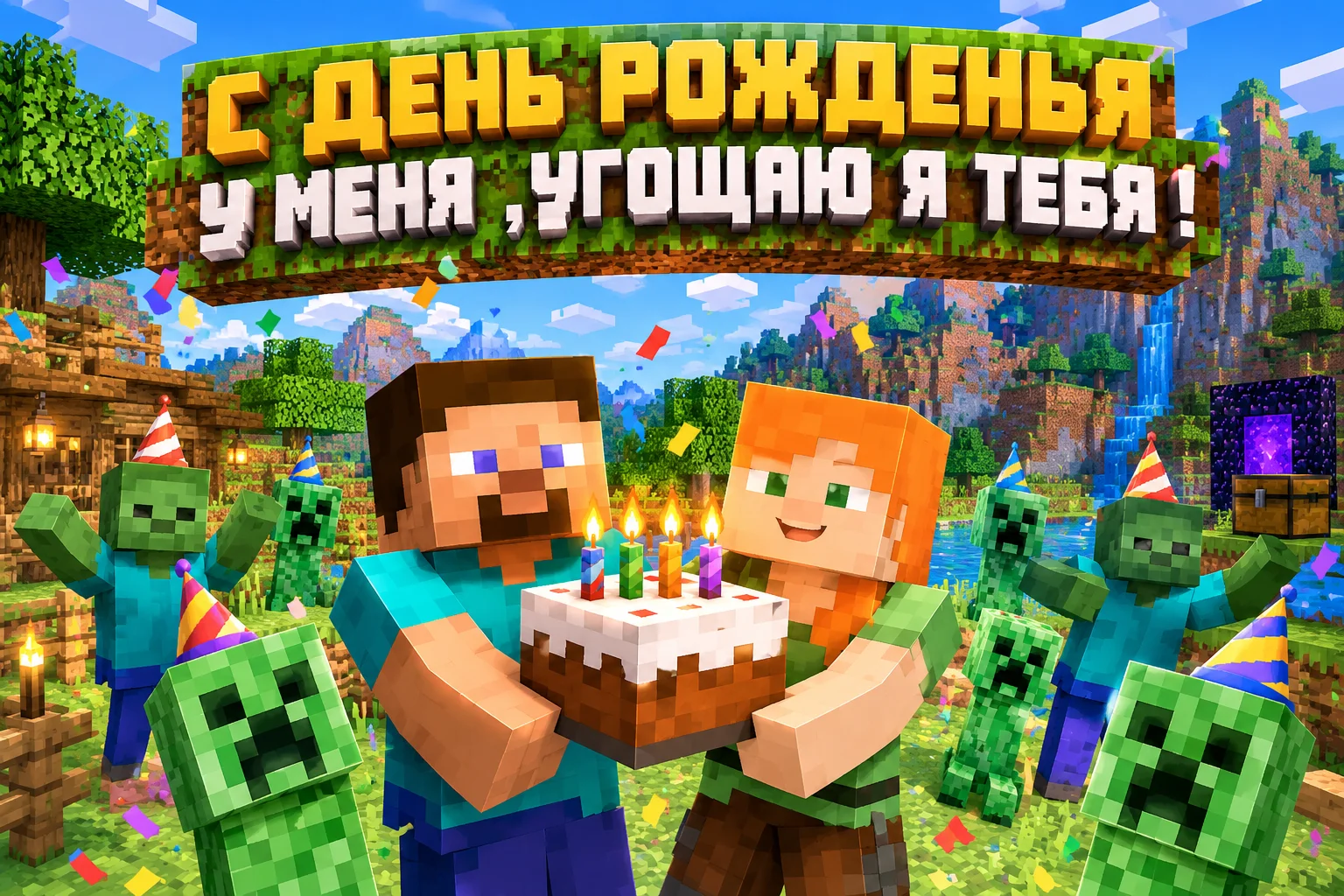 Открытка с днем рождения в стиле Minecraft. На открытке изображены Стив и Алекс…