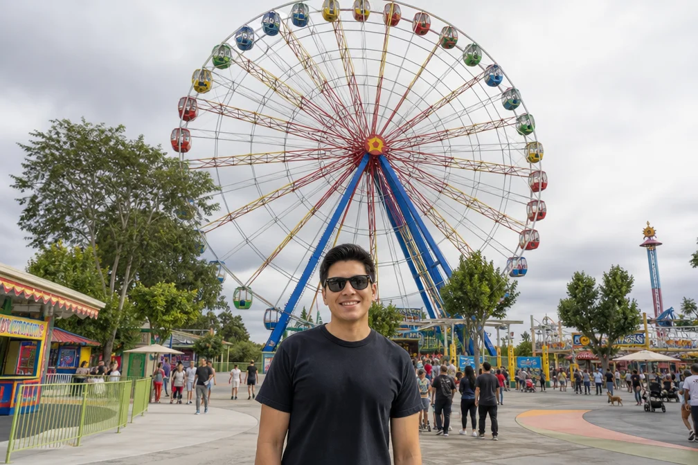 A person standing in front of a Ferris wheel at an amusement park. The Ferris w…