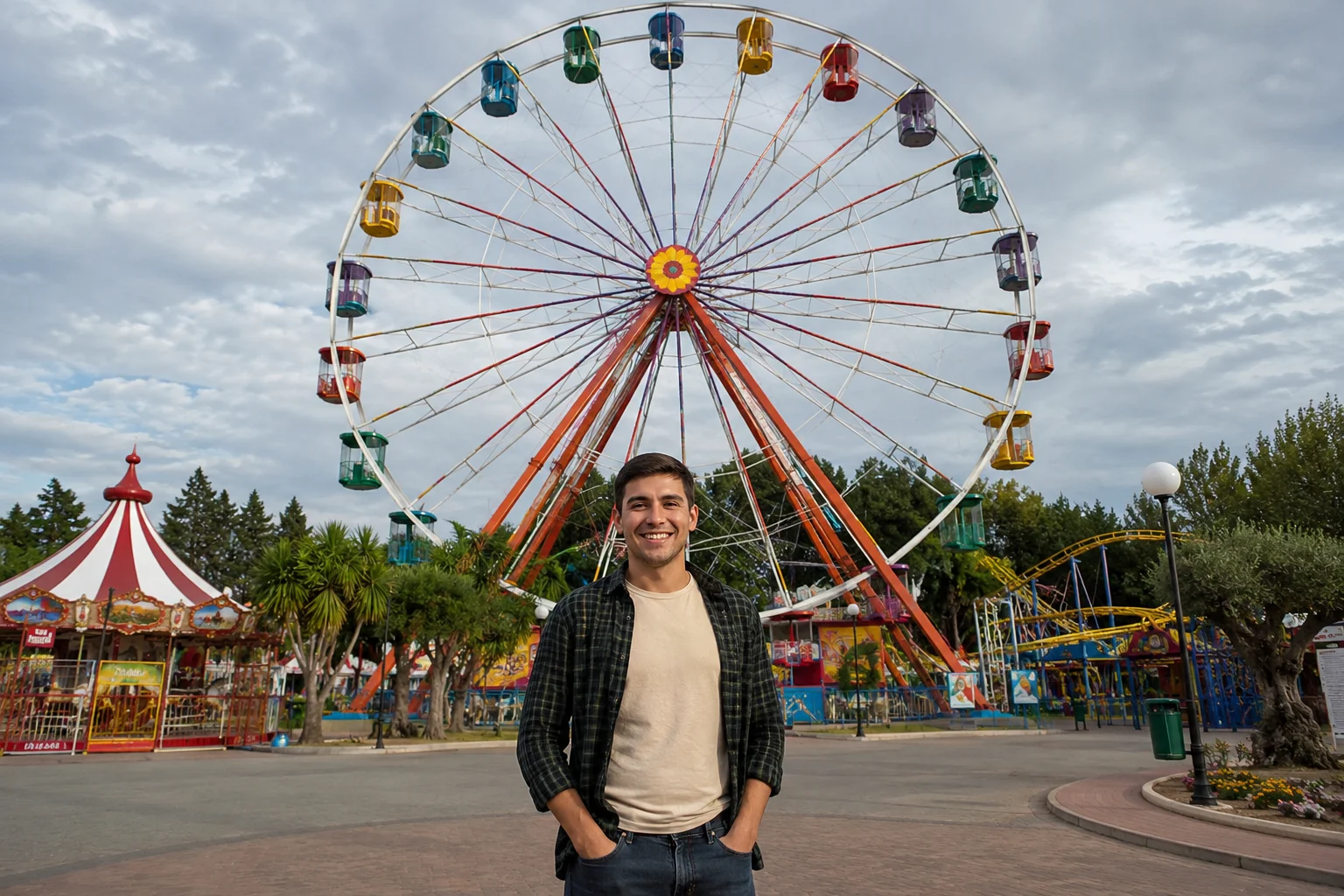 A person standing in front of a Ferris wheel at an amusement park. The Ferris w…