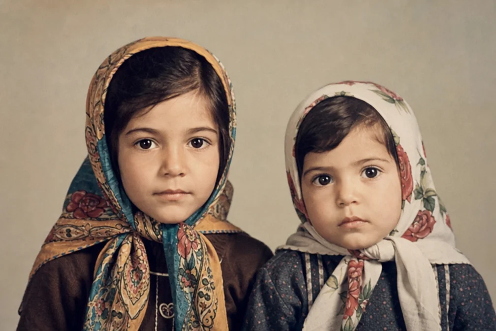 Restore an old, damaged photograph of two young children wearing headscarves. T…