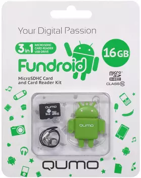 Карта памяти Qumo MicroSD 16GB class 10 + USB картридер Fundroid для мобильных устройств (зеленый)