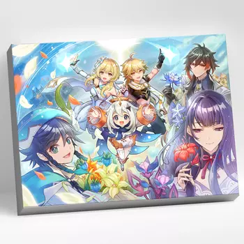 Картина по номерам Genshin Impact: Венти, Чжун Ли и Райдэн с путешественниками – 37 цветов (30 х 40 см)