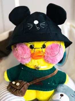 Мягкая игрушка Lalafanfan Duck – чёрная панама с ушками, зелёный свитер (30 см)