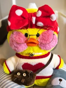 Мягкая игрушка Lalafanfan Duck в красной повязке с бантиком желтая (30 см)